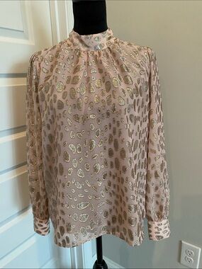 LOFT Pink Blouse with Metallic Gold Leopard Print High Neck